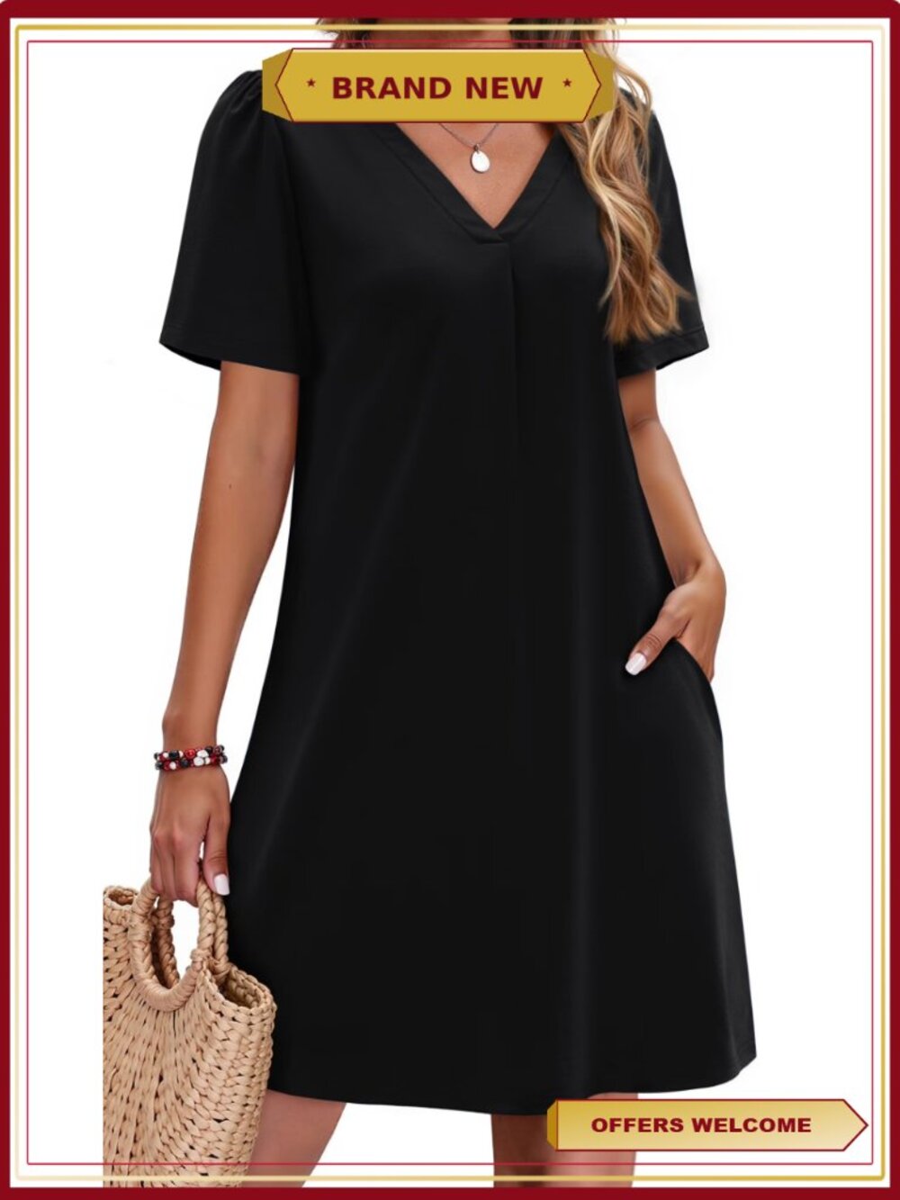Women's Short Sleeve V Neck Casual Shift Dress with Pockets